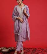 Embroidered sequinned straight kurta with trousers & dupatta