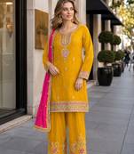 Mustard chinon readymade suit with embroidery coding & sequence work