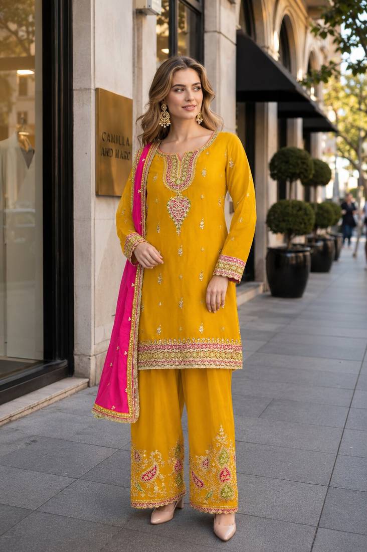 Mustard chinon readymade suit with embroidery coding & sequence work
