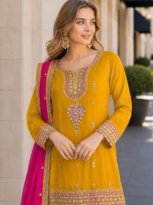 Mustard chinon readymade suit with embroidery coding & sequin work 2