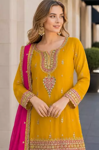 Mustard chinon readymade suit with embroidery coding & sequence work
