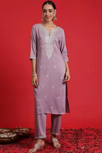 Embroidered sequinned straight kurta with trousers & dupatta