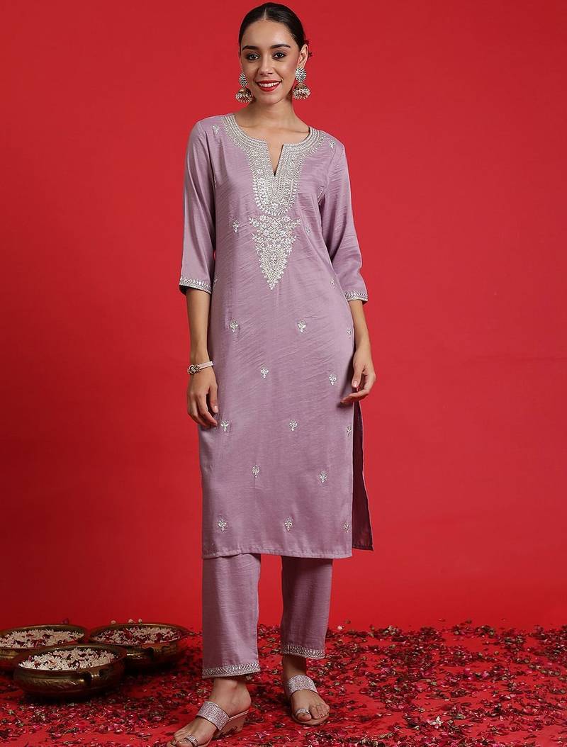Embroidered sequinned straight kurta with trousers & dupatta
