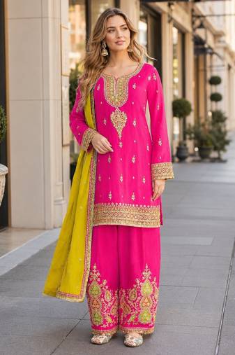 Pink chinon readymade suit with embroidery coding & sequence work