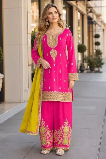 Pink chinon readymade suit with embroidery coding & sequence work