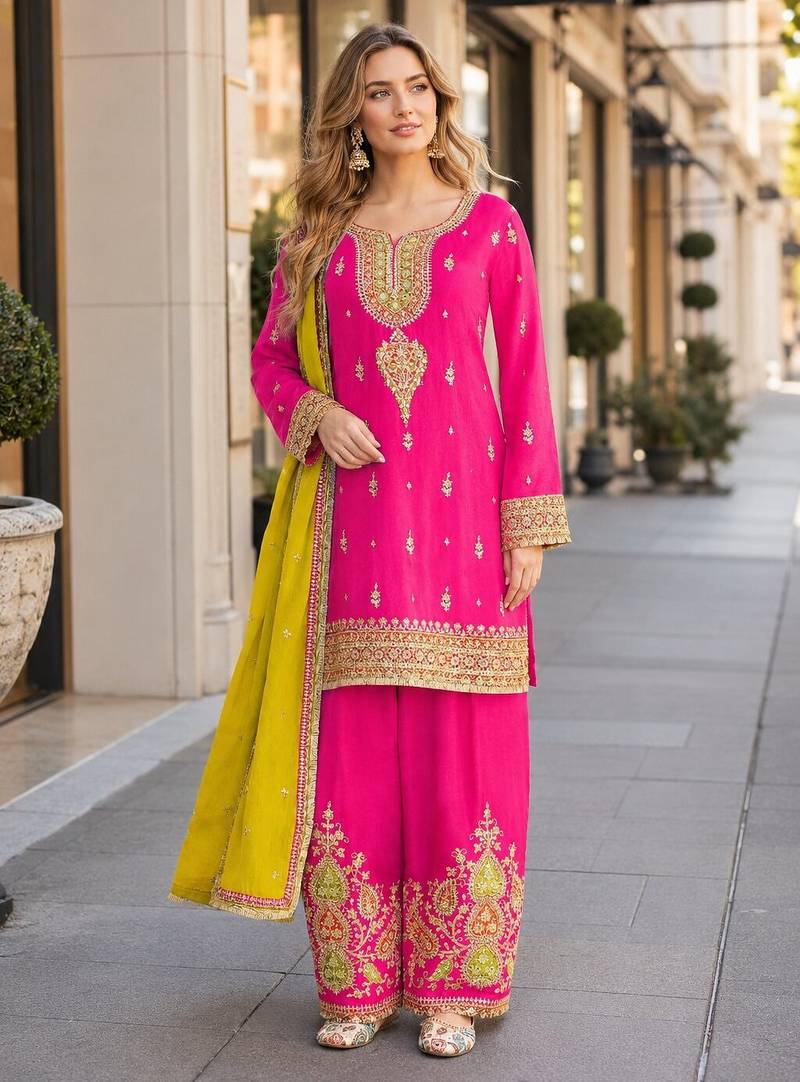Pink chinon readymade suit with embroidery coding & sequence work