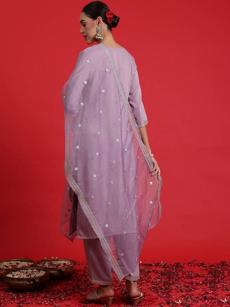 Embroidered sequinned straight kurta with trousers & dupatta