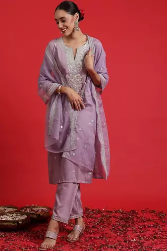 Ethnic motifs embroidered sequinned straight kurta & trousers with dupatta