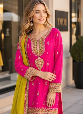 Pink chinon readymade suit with embroidery coding & sequin work 2