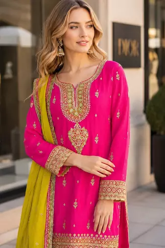 Pink chinon readymade suit with embroidery coding & sequence work