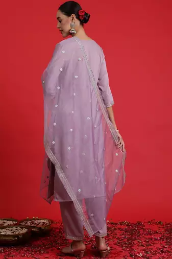 Ethnic motifs embroidered sequinned straight kurta & trousers with dupatta
