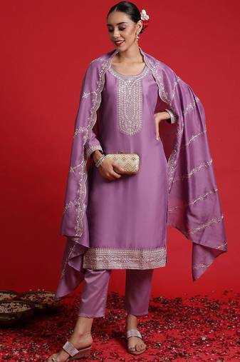 Floral embroidered sequinned kurta with trousers & dupatta