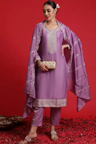Floral embroidered sequinned kurta with trousers & dupatta