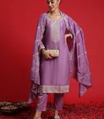 Floral embroidered sequinned kurta with trousers & dupatta