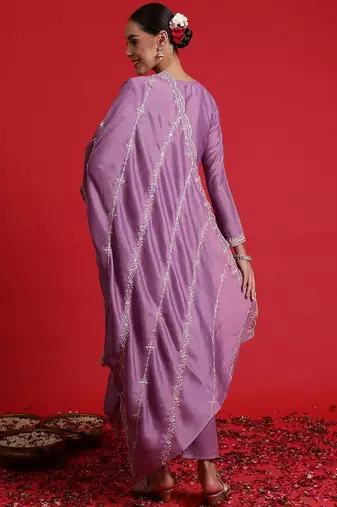 Floral embroidered sequinned kurta with trousers & dupatta