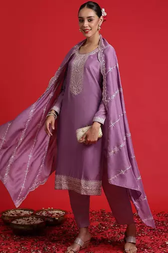 Floral embroidered sequinned kurta with trousers & dupatta