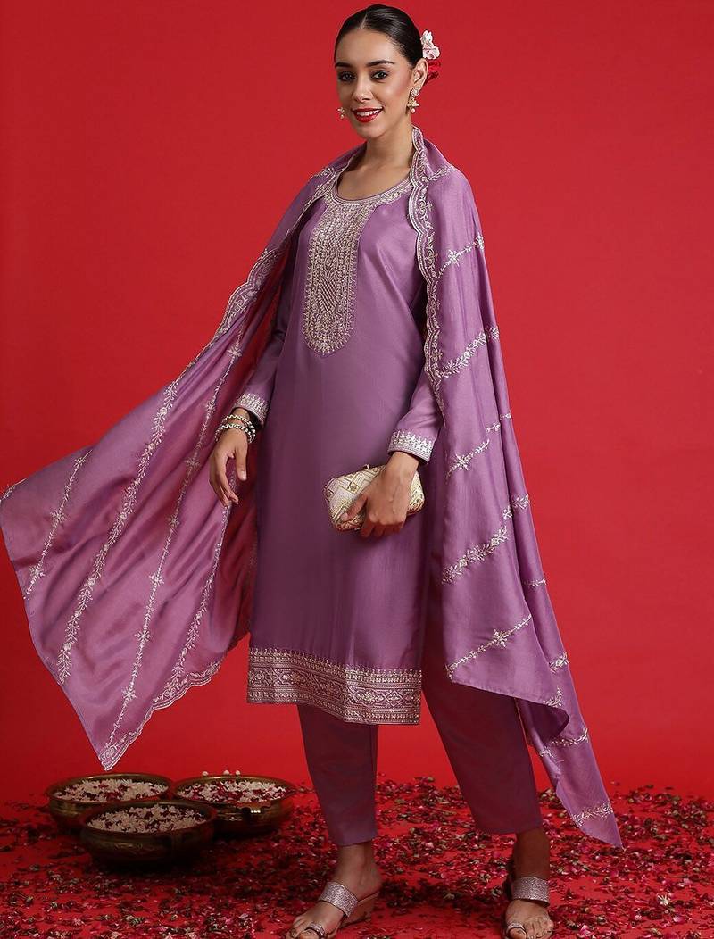 Floral embroidered sequinned kurta with trousers & dupatta