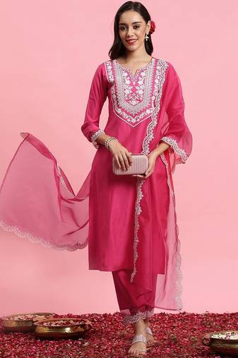 Floral embroidered yoke design kurta with trousers & dupatta