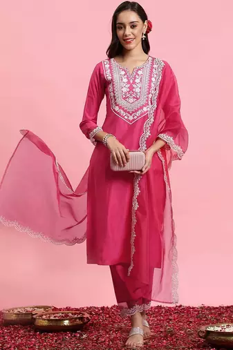 Floral embroidered yoke design kurta with trousers & dupatta