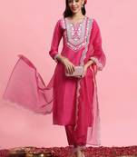 Floral embroidered yoke design kurta with trousers & dupatta