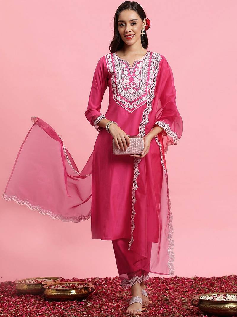 Floral embroidered yoke design kurta with trousers & dupatta