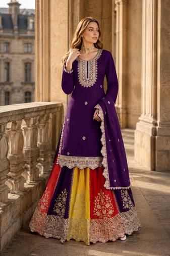 Violet heavy chinon free size stitched suit with embroidery & sequin work
