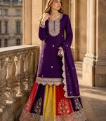 Violet heavy chinon free size stitched suit with embroidery & sequence work