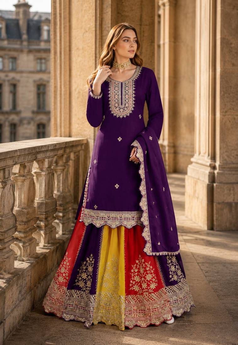 Violet heavy chinon free size stitched suit with embroidery & sequence work