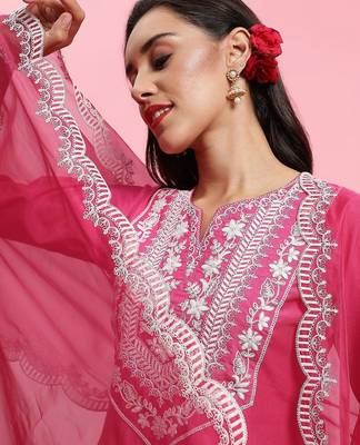 Floral embroidered yoke design kurta with trousers & dupatta 2