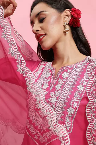 Floral embroidered yoke design kurta with trousers & dupatta