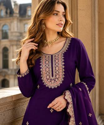 Violet heavy chinon free size stitched suit with embroidery & sequin work 2