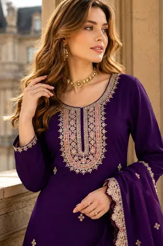 Violet heavy chinon free size stitched suit with embroidery & sequin work