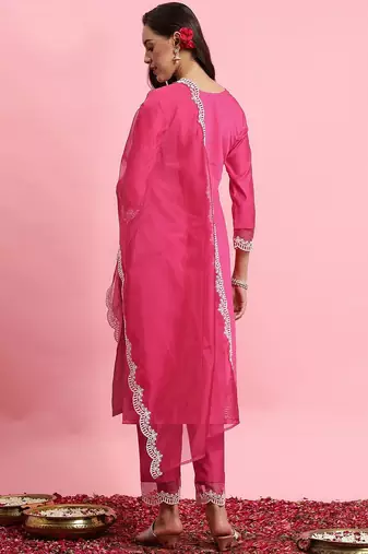 Floral embroidered yoke design kurta with trousers & dupatta