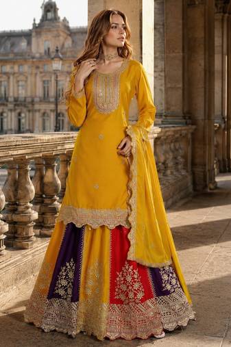 Yellow heavy chinon free size stitched suit with embroidery & sequence work