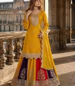 Yellow heavy chinon free size stitched suit with embroidery & sequence work