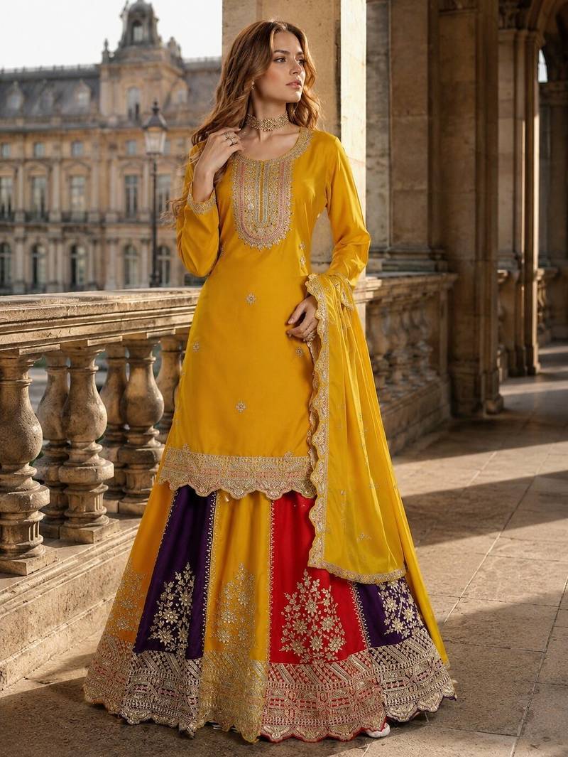 Yellow heavy chinon free size stitched suit with embroidery & sequence work
