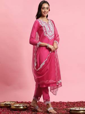 Floral embroidered yoke design kurta with trousers & dupatta 5