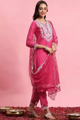Floral embroidered yoke design kurta with trousers & dupatta