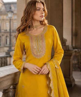 Yellow heavy chinon free size stitched suit with embroidery & sequin work 2