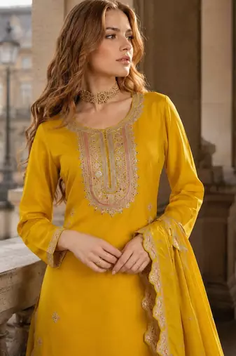Yellow heavy chinon free size stitched suit with embroidery & sequence work