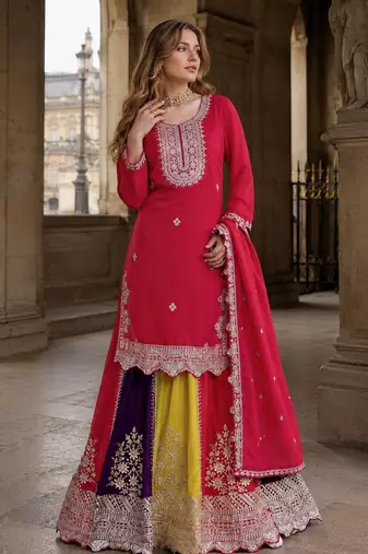 Magenta heavy chinon free size stitched suit with embroidery & sequence work