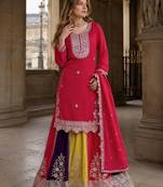 Magenta heavy chinon free size stitched suit with embroidery & sequence work
