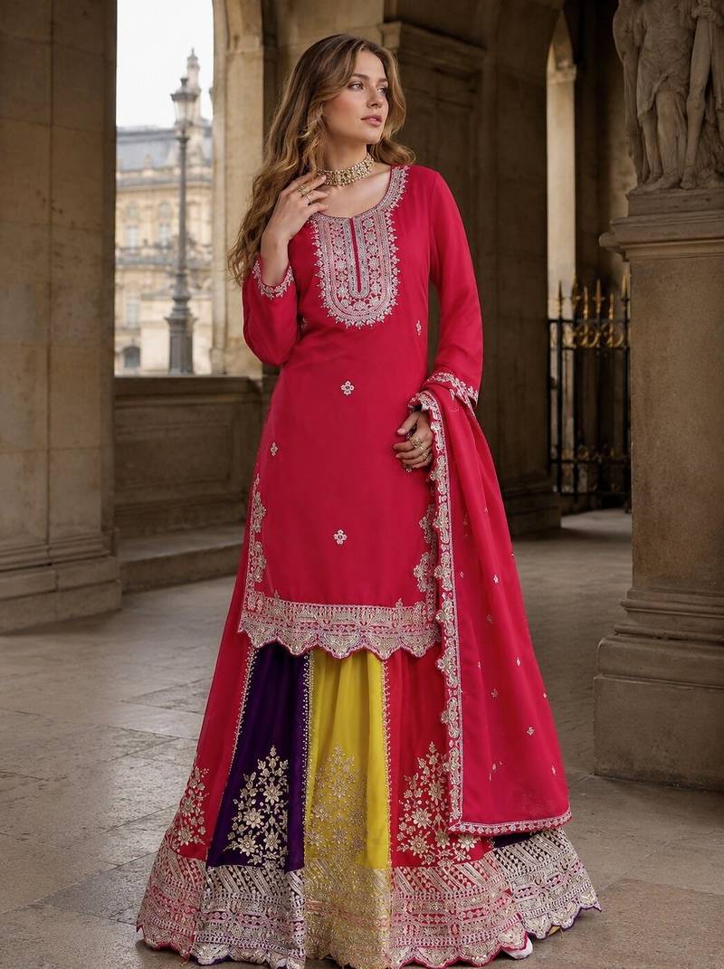 Magenta heavy chinon free size stitched suit with embroidery & sequence work