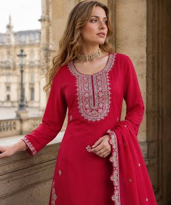 Magenta heavy chinon free size stitched suit with embroidery & sequin work 2