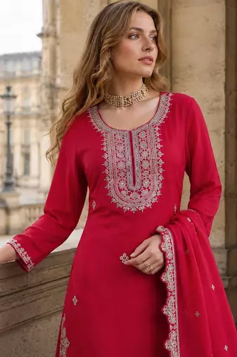 Magenta heavy chinon free size stitched suit with embroidery & sequence work