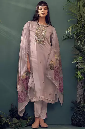 Floral embroidered thread work kurta with trousers & dupatta