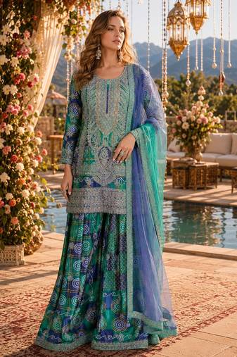 Blue chinon free size stitched suit with embroidery & sequin work