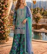 Blue chinon free size stitched suit with embroidery & sequence work