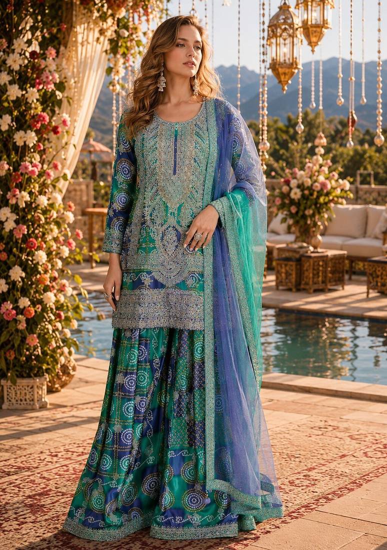 Blue chinon free size stitched suit with embroidery & sequence work