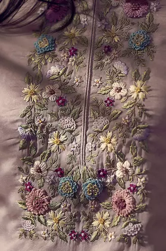 Floral embroidered thread work kurta with trousers & dupatta